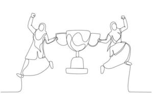 Drawing of muslim businesswoman partner celebrate winning victory trophy concept of team success. Single continuous line art vector