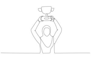 Cartoon of muslim businesswoman holding winning trophy concept of victory. Single continuous line art style vector