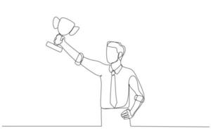 Cartoon of businessman hold award trophy concept of successful. One continuous line art style vector