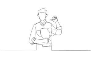 Cartoon of businessman pointing self with thumb feeling proud get trophy award for achievement. One line art style vector