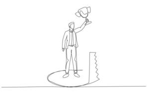 Drawing of businessman holding trophy but get betrayed by someone. Single continuous line art style vector