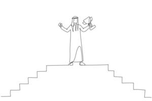 Illustration of arab businessman climbing up to top of high stair way of city show hand up holding trophy. Single continuous line art style vector