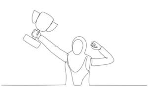 Cartoon of muslim businesswoman wins a trophy metaphor of best employee. Single line art style vector