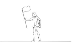 Drawing of sad businesswoman waving white flag metaphor of surrender and give up. Continuous line art vector