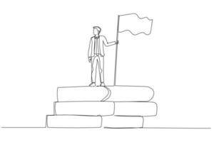 Cartoon of businessman with flag standing on book stack concept of success from knowledge. One line art style vector