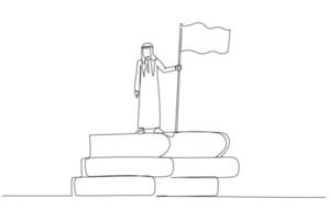 Cartoon of arab businessman with flag standing on book stack concept of success from knowledge. One line art style vector