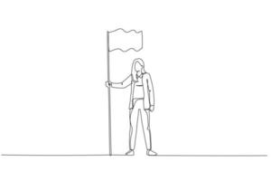 Drawing of businesswoman hold flag demonstrate goal achievement showing leadership. Single continuous line art vector