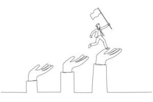 Drawing of businessman jumping up giant hand growth ladder concept of progress. Continuous line art style vector