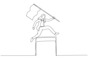 Cartoon of businesswoman competing in race holding a leader flag jumping over obstacle concept of determination. Single continuous line art style vector