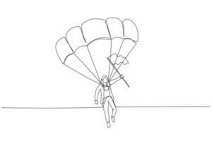 Illustration of businesswoman on a parachute with a flag lands on target concept of solution. One continuous line art style vector