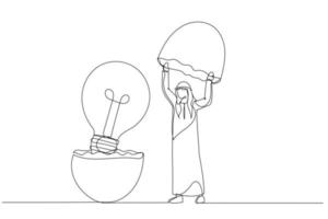 Cartoon of arab businessman entrepreneur discover hatching egg with lightbulb idea inside. New creative idea. One continuous line art style vector