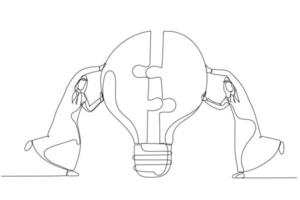 Illustration of arab businessman team members partner connect lightbulb jigsaw puzzle together. Teamwork or partnership. Single line art style vector