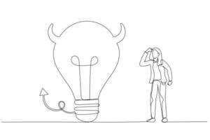 Cartoon of businesswoman looking at devil lightbulb doubting it bad idea. Stupid mistake or poor idea. Single line art style vector