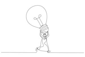 Drawing of excited arab businessman carrying big lightbulb idea running to invent new product. Big idea. Single continuous line art style vector