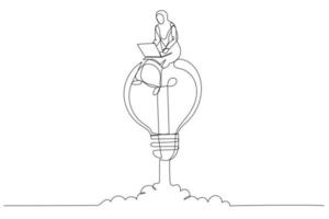 Illustration of muslim businesswoman working on a soaring light bulb rocket. Working with creativity. Continuous line art vector