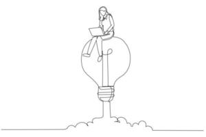 Drawing of businesswoman working on a soaring light bulb rocket. Working with creativity. Single continuous line art style vector