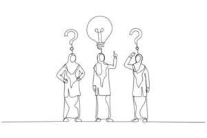 Cartoon of arab muslim businesswoman with question sings and lamp idea concept of find right decision. One continuous line art style vector