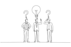 Cartoon of businessman with question sings and lamp idea concept of find right decision. One line style art vector