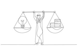 caricatura de un hombre de negocios árabe musulmán sosteniendo pesos en sus manos, que es el dinero y la idea. estilo de arte de una sola línea vector