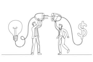 Illustration of businessman launch himself with lightbulb concept of idea rocket. Single line art style vector