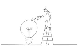 Cartoon of arab muslim businessman on ladder watering to fill in liquid in idea light bulb concept of idea development. Continuous line art style vector