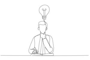 Cartoon of businessman thinking on productive ideas sitting at laptop and notepad for notes. One line art style vector