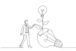 Illustration of businessman look at seedling bright lightbulb idea plant grow from broken one. Single line art style vector