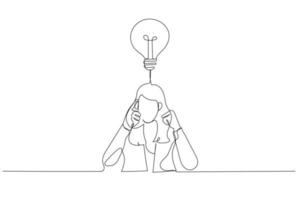 Cartoon of stressed businesswoman contemplate think hard for ideas touch forehead with fingers. Continuous line art style vector