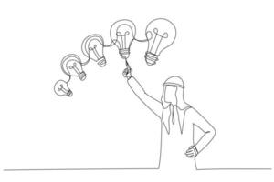 Drawing of arab businessman with different sizes of idea. Continuous line art vector