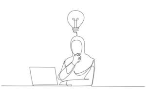 Drawing of thoughtful muslim businesswoman think of online project looking at laptop at workplace. Single continuous line art style vector