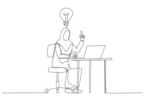 Illustration of happy muslim businesswoman working at his desk and creating a lot of idea bulbs. One line style art vector