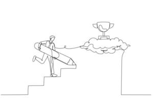 Drawing of businessman use pencil to create his own stair to success metaphor of way to success. Single continuous line art vector