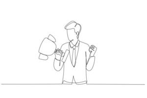 Cartoon of businessman celebrate success holding winning trophy. One line style art vector