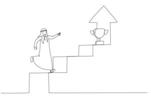 Drawing of arab businessman walking up staircase with rising arrow into high sky to find winning trophy. Single line art style vector