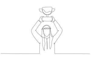 Illustration of arab businessman holding winning trophy concept of victory. One line art style vector