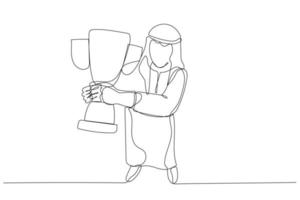 ilustración de un hombre de negocios árabe feliz sosteniendo un trofeo que muestra éxito y logros. estilo de arte de línea continua única vector