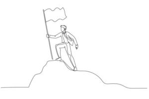 caricatura de un hombre de negocios parado en la cima de un pico de montaña sosteniendo una bandera como conquistador. un estilo de arte de línea continua vector