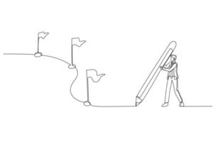 Drawing of businessman using pencil draw line with flag as milestones. Continuous line art style vector