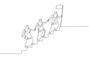 Illustration of muslim woman enterpreneur team walking up staircase, holding hands with raised flag. Single line art style vector