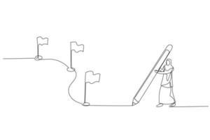 Drawing of muslim woman enterpreneur using pencil draw line with flag as milestones. Continuous line art style vector