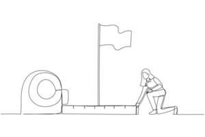 Illustration of businesswoman using measuring tape to analyze distance from target flag. One continuous line art style vector