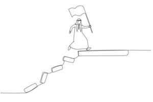 Cartoon of arab man jumping on collapse bridge to reach target concept of survival. One continuous line art style vector