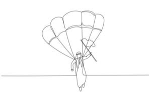 Cartoon of arab man on a parachute with a flag lands on target concept of solution. One line style art vector