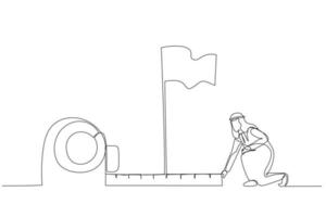 Cartoon of arab man using measuring tape to analyze distance from target flag. One line style art vector