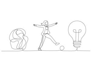 Drawing of smart businesswoman walking away from mess chaos line to simple lightbulb idea. Simplify idea. Single continuous line art vector