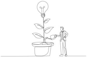 Illustration of businessman watering growing tree with lightbulb. People working together. Single line art style vector