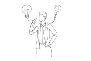 Drawing of businessman think of solution to solve problem with lightbulb and question mark. Solution to solve problem. Continuous line art style vector