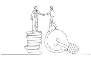 Cartoon of businessman standing on lightbulb idea lamp shaking hands. Idea pitching. Single line art style vector