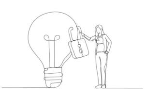 Drawing of businesswoman owner standing with light bulb idea locked with padlock for patents. Intellectual property. Single continuous line art style vector