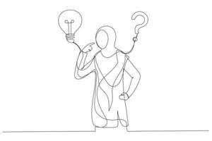 Drawing of muslim businesswoman think of solution to solve problem with lightbulb and question mark. Solution to solve problem. Single line art style vector